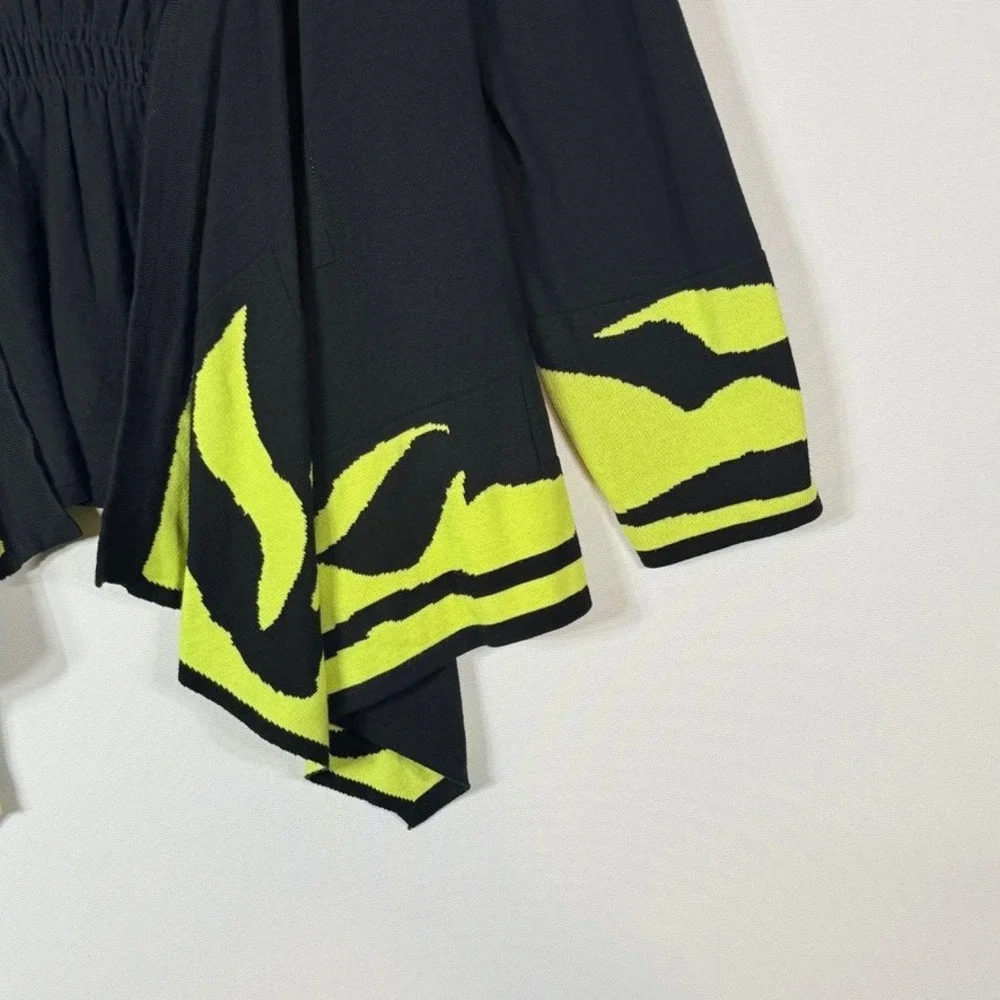 Abbie Mags Large Cardigan‎ Black Lime Womens Open Front Artsy Modern Abstract